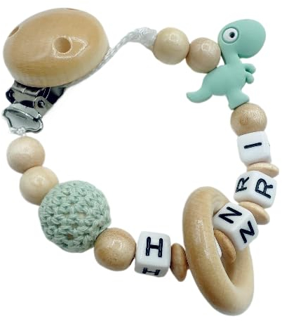 personalisierte Kette mit Namen für Mädchen Jungs Baby Geschenk personalisiert zur Geburt & Taufe Dino Dinosaurier Blau Grau Mint (Mint)