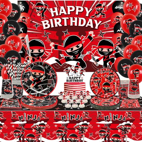 Ninja Geburtstag Party Dekoration, Ninja Happy Birthday Backdrop, Geschirr, Tischdecke und Luftballons, Karate Party Ninja Warrior Master Party Zubehör für Jungen Mädchen Baby Dusche, serviert 20