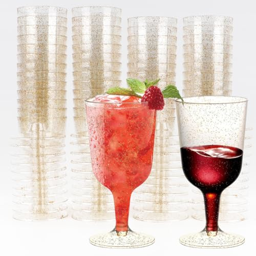 DANNEEFORSU7 Sektgläser Plastik, 50 Stück Weingläser Plastik mit Goldglitter, 170ml Mehrweg Sektgläser, Cocktailgläser, Weingläser, Weinbecher für Hochzeiten, Geburtstage Party Picknick Outdoor