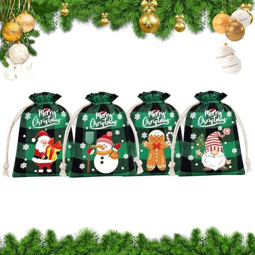Geschenktüten Weihnachten,4 Stück Weihnachtstüten Süßigkeiten,Weihnachten Geschenkbeutel,Weihnachten Geschenktüten,Weihnachts Geschenktüten,Kekstüten,Stoffbeutel,Weihnachtstüten mit Kordelzug (Grün)