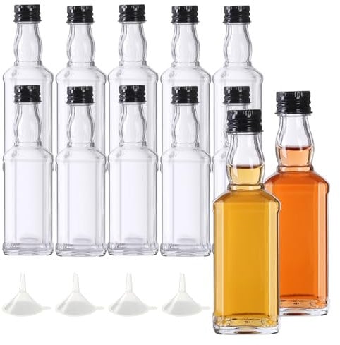 YBCPACK 50ml Mini Glass Alcohol Bottles, 12 Pack Reusable Small Glass Shot Bottles with Screw Caps, 4 Funnels for Wedding Favours, Party Favors, Empty Miniature Liquor Bottle for Wine, Spirit