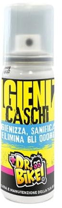 DR. BIKE Igieniz Caschi. Igenizzante casco 100ml. Igienizza, sanifica, elimina odori da caschi bici e moto. Spray pulitore interni casco. Deodorante casco al talco. Contro batteri, lieviti, muffe.