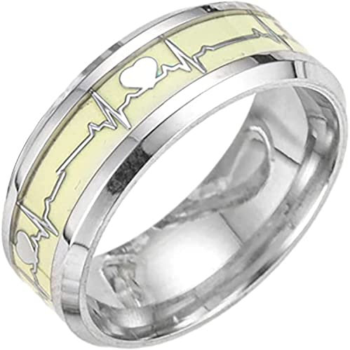 PULABO Leuchtender Ring Dunkel leuchtender Herzschlag-Ring Schmuck Versprechen Stahl für Männer Mode Edelstahl Frauen Herzschlag Ringe Coole Ringe für Männer bequem