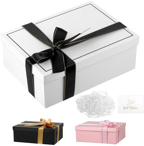 winbest Geschenkbox Weiß, 21.5 x 15.5 x 7.5 cm mit Deckel, Band und Grußkarte für Geburtstag, Hochzeit, Valentinstag und Weihnachten