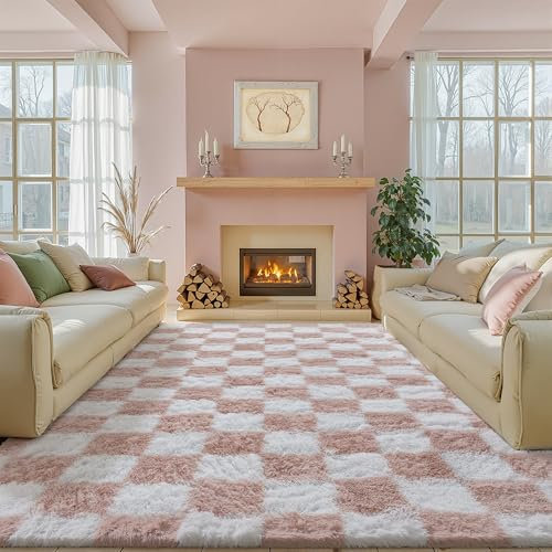 HUGEAR Teppich Kariert Hochflor Teppich Wohnzimmer 240X300cm Rosa Teppich Schlafzimmer Rutschfester Kinderteppich Flauschig Weicher und GemüTlicher Carpet Living Room Kinder Teppich Mädchen Jun
