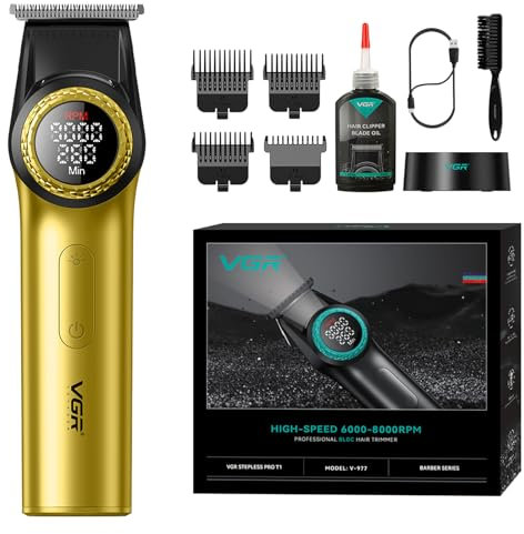 VGR 977 Professioneller Haarschneider für Männer, 8000 U/min T-Blade Trimmer, Kabellose Friseerschneider mit Nullabstand, Wiederaufladbare Kantenfriseure mit LED-Display, Gold