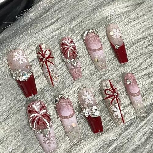 Red Wearable Nails, Winter Fireworks & Snowflake Design Press On Nails, Acrylic Nails for the Holiday Season(XS)