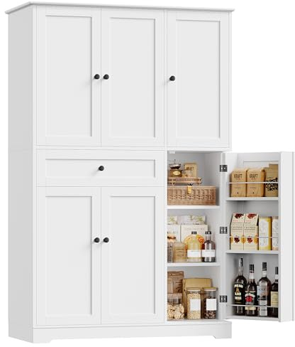 HOSTACK 68 Tall Kitchen Pantry Storage Cabinet, Modern Kitchen Hutch Cabinet with Doors and Shelves, Freestanding Food Pantry with Large Storage Drawer for Dining Room, Living Room, White