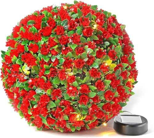 ComfyNex 28CM Solar Powered Topiary Ball 20 LED Rose Artificial Topiary Ball Hanging Garden Ornament Hanging Sphere Decoration - Wedding Artificial Plant