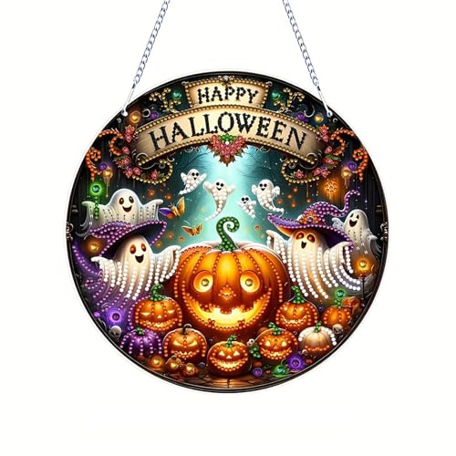 Halloween Diamond Painting Kürbis Geister Fensterbilder, DIY Herbst Diamond Painiting Anhänger Für Fenster Hängend Halloween Deko, Diamant Malerei Türkranz Herbst Mosaik Bastelset Halloweendeko (A)