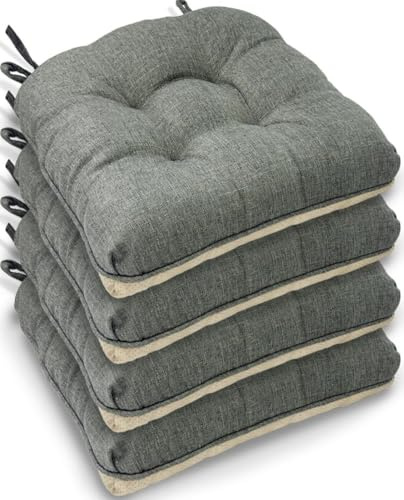 Casabella Chair pads - Dining Chairs Cushion - 4 Pc Cushions 45x45+8cm Non Slip Backing Chairpads - Tufted Seat pads With Ties - Durable & Soft Cushions for Kitchen, Garden - Silver