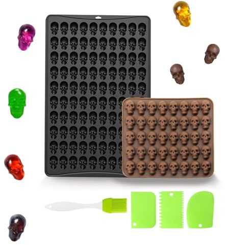CYIOU 2 Stück 40/100 Vertiefungen Halloween Totenkopf Backform Silikonform | Set Formenskull Mold mit Silikonbürste und 3 Schaber für DIY Backform Pralinen Kekse Eiswürfel Hundeleckerlies