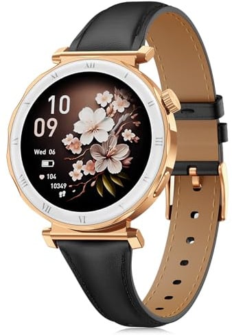 BOALZETD Smartwatch Damen - Eleganz im Kleinen mit 1,19 AMOLED Display & Schmalem Lederarmband, Fitnessuhr mit Schrittzähler, Sportmodi, Puls/SpO2/Schlafmonitor für iOS/Android, Roségold/Schwarz