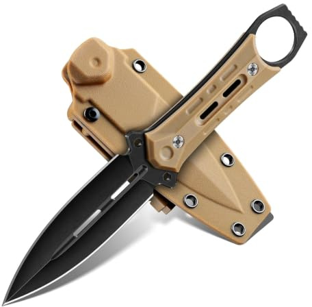 Freelander Outdoor Messer Klein aus D2 Stahl mit Kydex Scheide | Campingmesser mit G10 Griff, Full Tang Bushcraft Survival Messer, Geschenke für Männer Outdoor, Khaki