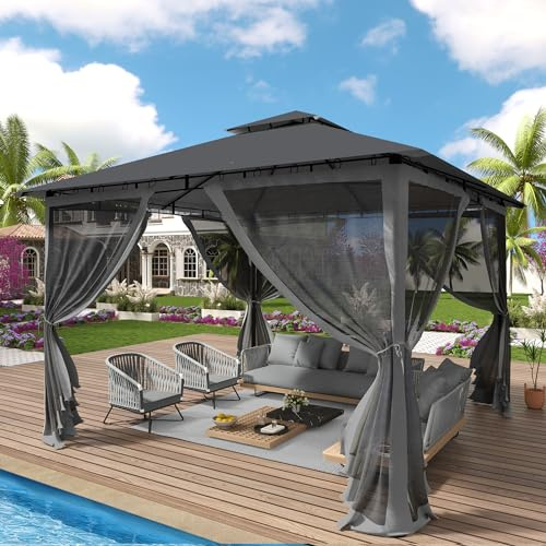 UDPATIO Gazebo da Giardino con Doppio Tetto e Zanzariera, 3.4x3.4 m, Struttura in Metallo Resistente, Gazebo Pieghevole Impermeabile per Giardino, Terrazze - Grigio