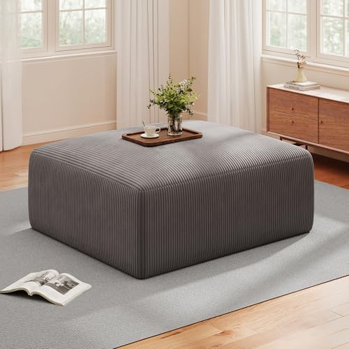 40 Oversized Square Corduroy Ottoman, Large Ottoman Pouf Footstool, Grey