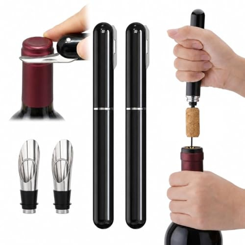 Sacacorchos Profesional de Aire a Presión con Cortacápsulas Integrado | Abridor de Vino y Abridor de Botellas Tipo Bolígrafo | Abrebotellas Elegante para Vinoteca (Negro pack 2)