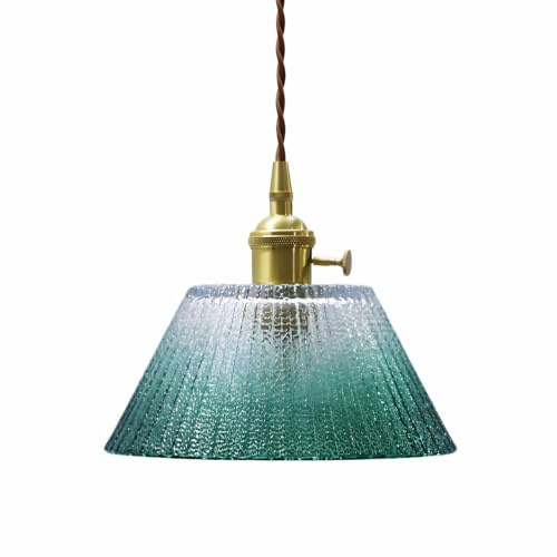 ZTTECH Suspension en Verre Vintage Abat Jour Strié Dégradé E27 Hauteur Réglable Interrupteur Doré Luminaire Suspendu pour Îlot de Cuisine Salle à Manger Chambre Café Bar (Vert)