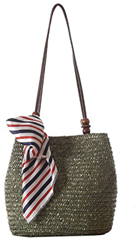 Butterme Bolso de Verano de Mujer de Moda Bolsa de Hombro Tejido de Paja Bolsa de Playa de Paja Bolso Casual Totes(Verde del ejército)