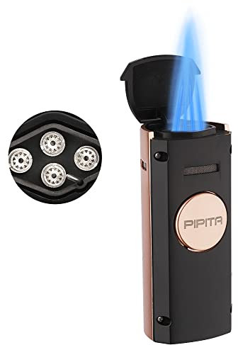 PIPITA Briquets Torche Coupe-Vent Briquet tempête 4 Jets Flamme Bleue Rechargeable Briquet à gaz Butane en métal avec Foret à Changement de Couleur Conception visuelle de la fenêtre à gaz (sans gaz)