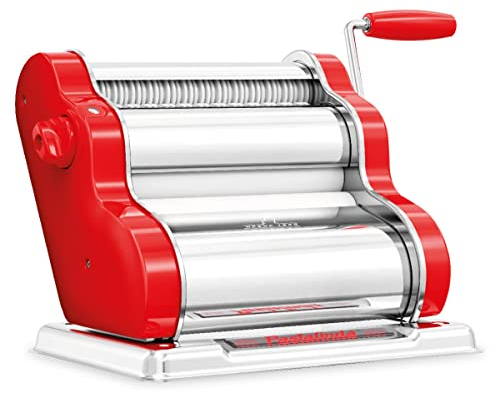 PASTALINDA Classic 200 Pasta Maker Maschine, 20 cm breite Rollen, 9 Dickenpositionen, 2 Schneidpositionen, Edelstahl Inklusive verstärkter Handkurbel und zwei Klemmen (Rot)