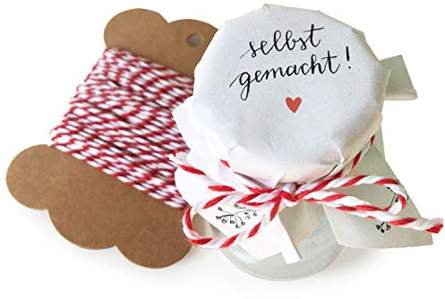 25 MINI Marmeladendeckchen - selbstgemacht - Blumen Gläserdeckchen Weiß für Marmelade, kleine Marmeladengläser & Einmachgläser, Recyclingpapier Abreißblock + 10 m Garn + Justiergummi