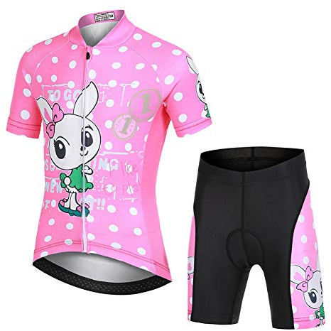 YFPICO Jungen Mädchen Fahrrad Set Quick Dry Kurzarm Trikot + Radhose Atmungsaktiver Radsport Anzüge, Rosa Kaninchendruck, 122/128