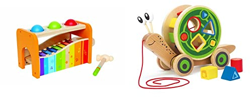 Hape E0349 - Nachzieh-Schnecke, Nachziehspielzeug, inkl. Farb- und Formensortierer, aus Holz, ab 12 Monate & E0305 - Xylophon und Hammerspiel, Klopfbank, aus Holz, ab 12 Monate