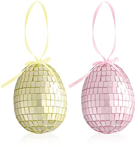 com-four® 2X Ostereier zum Aufhängen - Osterdeko in tollen Farben - Deko Ostereier mit Mosaik Effekt - Größe: 9 cm (02 Stück - 9cm gelb/pink)