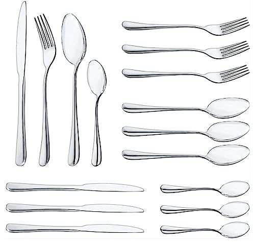 Silver Cutlery Sets, 16 Piece Mixed Knives and Forks Set Reusable Tableware, Kitchen Stainless Steel Dinner Knife, Fork and Spoon for 4