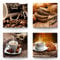 Moderne Deko Bilder für die Küche als Leinwandbilder im 4er Set - 40x40cm je Wandbild. Das Motivset-D mit braunen Bildern von Kaffee und Brot wird aufhängefertig an Sie versandt.