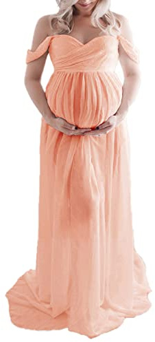 Robe de maternité pour photographie - Couleur unie - Épaules dénudées - Robe de grossesse longue fendue sur le devant - Pour séance photo, rose, L