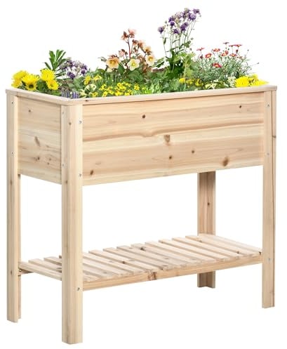 Outsunny Huerto Urbano Elevado con Estante 90x40x81 cm Mesa Jardinera de Cultivo de Madera con Tela no Tejida para Cultivos Plantas Flores Jardín Natural