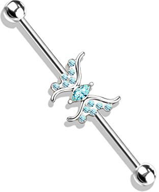 beyoutifulthings Industrial-Piercing Silber Kristall Schmetterling Aqua Industrial-Barbell Industrial-Bar Chirurgenstahl Stab-länge 38-mm