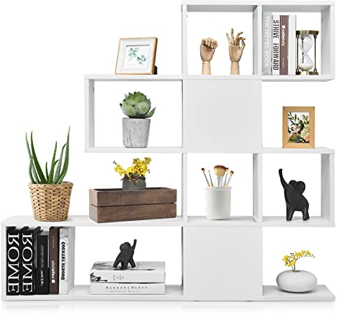 GIANTEX Estantería Independiente de 4 Niveles en Escalera, Librería de Madera con 10 Compartimientos,Organizador de Exhibición para Sala de Estar, Oficina, 120 x 19,5 x 109cm (Blanco+Blanco)