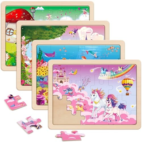 SYNARRY Unicorn Mermaid Princess Fairy Wooden Jigsaw Puzzles for Kids 3 4 5 Year Olds - 4 Packs 24 Piece Children’s Jigsaw Puzzles Age 3 4 5 6 Girls Boys