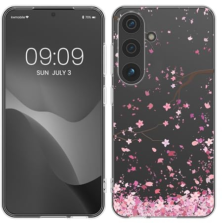 kwmobile Case kompatibel mit Samsung Galaxy S24 - Hülle Silikon transparent Kirschblütenblätter Rosa Dunkelbraun Transparent