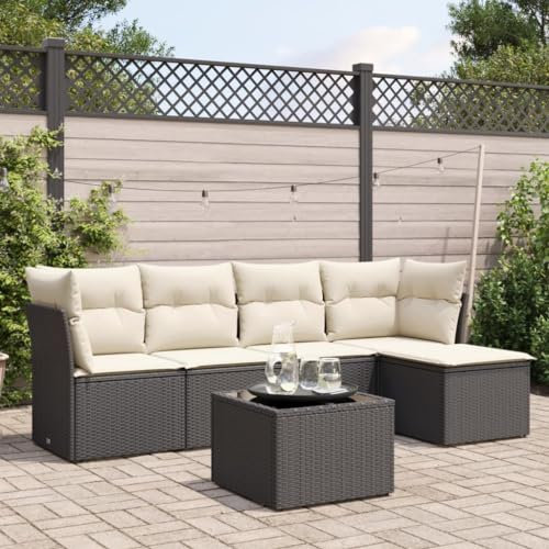 ULUYYUC 6-TLG. Garten-Sofagarnitur, Bodensofa Eckbankgruppe Balkonmöbel Gartenmöbel Set Geeignet für Garten Balkon Außenbereich Hinterhof mit Kissen Schwarz Poly Rattan