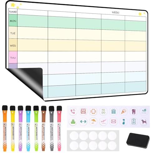 JIANTA Pizarra Magnética Nevera, 42cm x 28cm Planificador Semanal Magnético, 8 Rotuladores y Esponja, Niño Pizarra Blanca Planificador Familiar para To-Do, Hogar, Rutina, Notas, Menús, Planificar