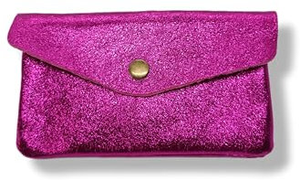 Porte-Monnaie Femme en Cuir Véritable Irisé, 15 cm x 8 cm, 3 Compartiments avec Fermeture Zippée, Protecteur RFID, Fabrication Italienne (Fushia)