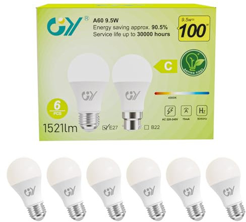 GY 9.5W Bombillas Led E27 4000K Luz Neutra, 1521 Lúmenes, No Regulable, A60 Bombilla Bajo Consumo Pack de 6