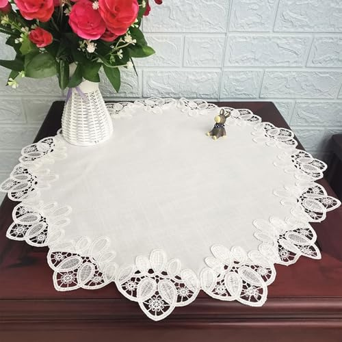 URROMA runde Spitzendeckchen,60x60 cm weiß Rustikal mit Tischdecke | Deckchen Leinen Tischdecke tischdecke outdoor wetterfest für Möbel,Esszimmer,Küche,Hochzeit,Couchtisch für festliche Anlässe