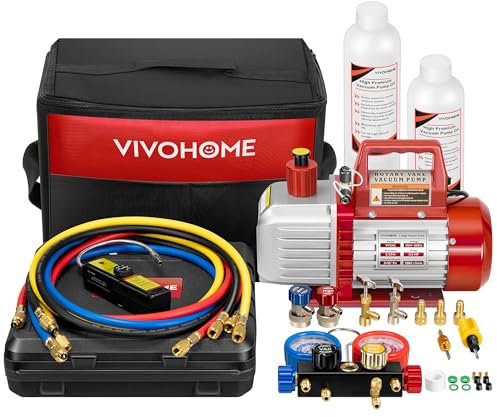 VIVOHOME 110V 1/2 HP 5CFM 2 Stage HVAC Vacuum Pump and 4 Way AC Manifold Gauge Set Kit with Leak Detector 5ft Hoses for R134a R12 R22 R502 R410a Auto Air Conditioning Refrigeration Recharging, Red
