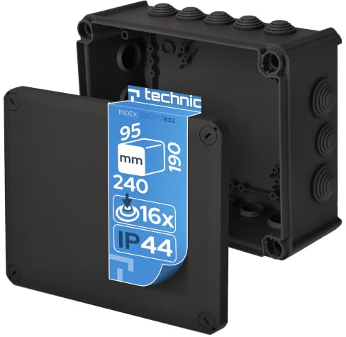 EDO Aufputz-Abzweigdose IP44 240x190x95 mm Schwarz – UV-beständig | Halogenfrei – Verteilerdose / Anschlussdose mit Kabeleinführungen und Schraubdeckel für Innen- und Außen