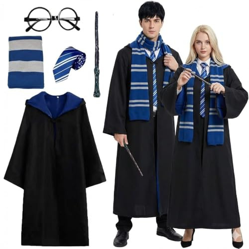 TAOYIO Magier Robe Kostüm Damen Umhang, Zauberer Halloween Kostüm Erwachsene, Unisex Uniform 5-teiliges Set,Blau-XL