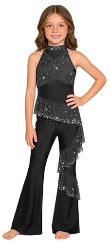 Nyeemya Kinder Mädchen Ganzkörper Turnanzug Strass Glitzer Voltigieranzug Ärmellos Tanzbody Mit Rüschen Volants Rock Wettbewerb Tanzkleidung Eislaufkostüm