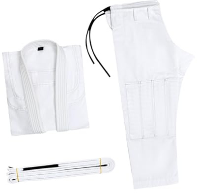MFMEXUL Ensemble Jiu-Jitsu (pantalon, Veste et Ceinture) Polyvalent et Respirant, En Polyester et Coton Doux et Résistant, Idéal pour Les écoles D, Blanc