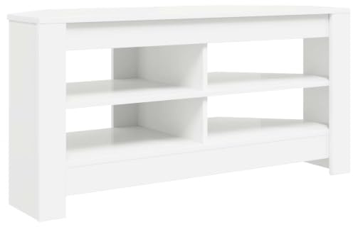 SKTQYQO Meuble TV d'angle blanc 102 x 41 x 50 cm bois multicouche | Design moderne, 2 étagères, facile à nettoyer, pour le salon, installation sûre