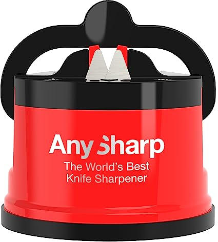 AnySharp Knife Sharpener | Hands-Free Safety, PowerGrip Suction | Safely Sharpens All Kitchen Knives | Ideal for Hardened Steel & Serrated | World's Best | Compact, One Size | Red