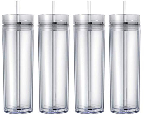 Maars Drinkware Vasos acrílicos delgados aislados de doble pared con popote y tapa, 16 onzas (paquete de 4, transparente)